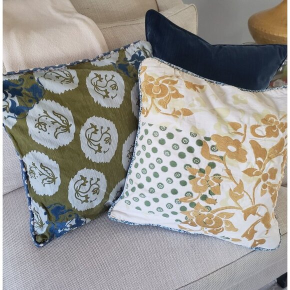 Anthropologie Embroidered Cotton Indian Block Print Reversible Pillow Cover 20" - Picture 15 of 16